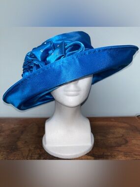 Mr Song Millinery Women’s Hat Elegant Blue Satin Wide-Brim Floral Derby Church